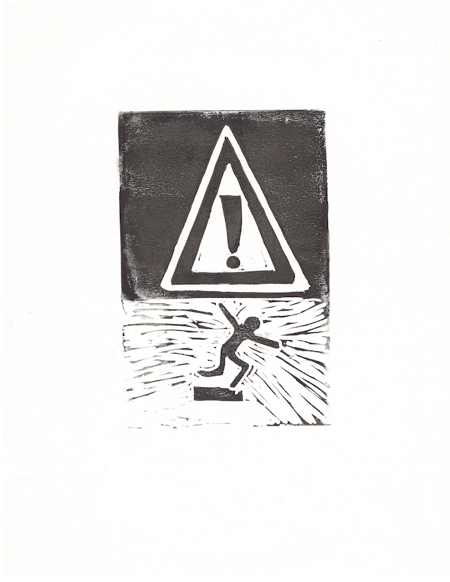 a safety sign for workers above a worker falling, heavily stylized linoprint black and white